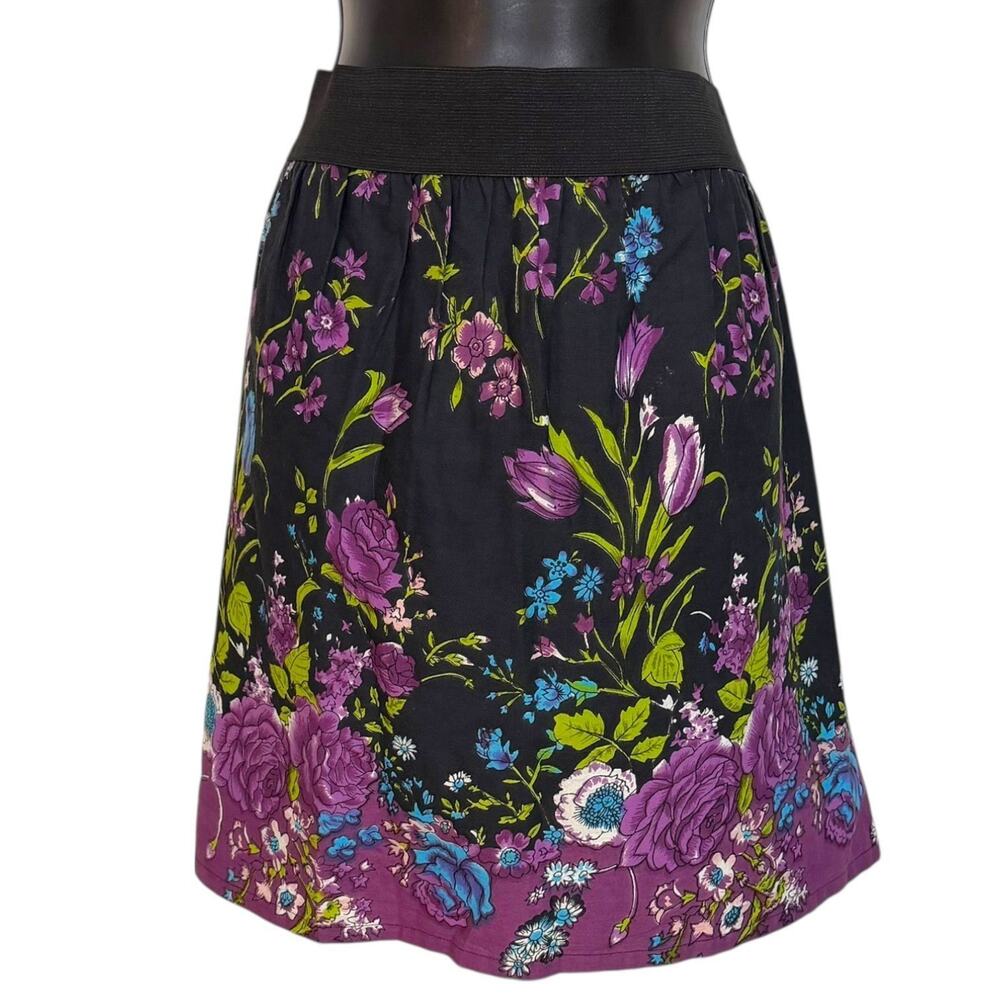 VINTAGE Y2K BLACK ELASTIC WAIST FLORAL SKIRT WHIMSIGOTH FAIRY RETRO SIZE L